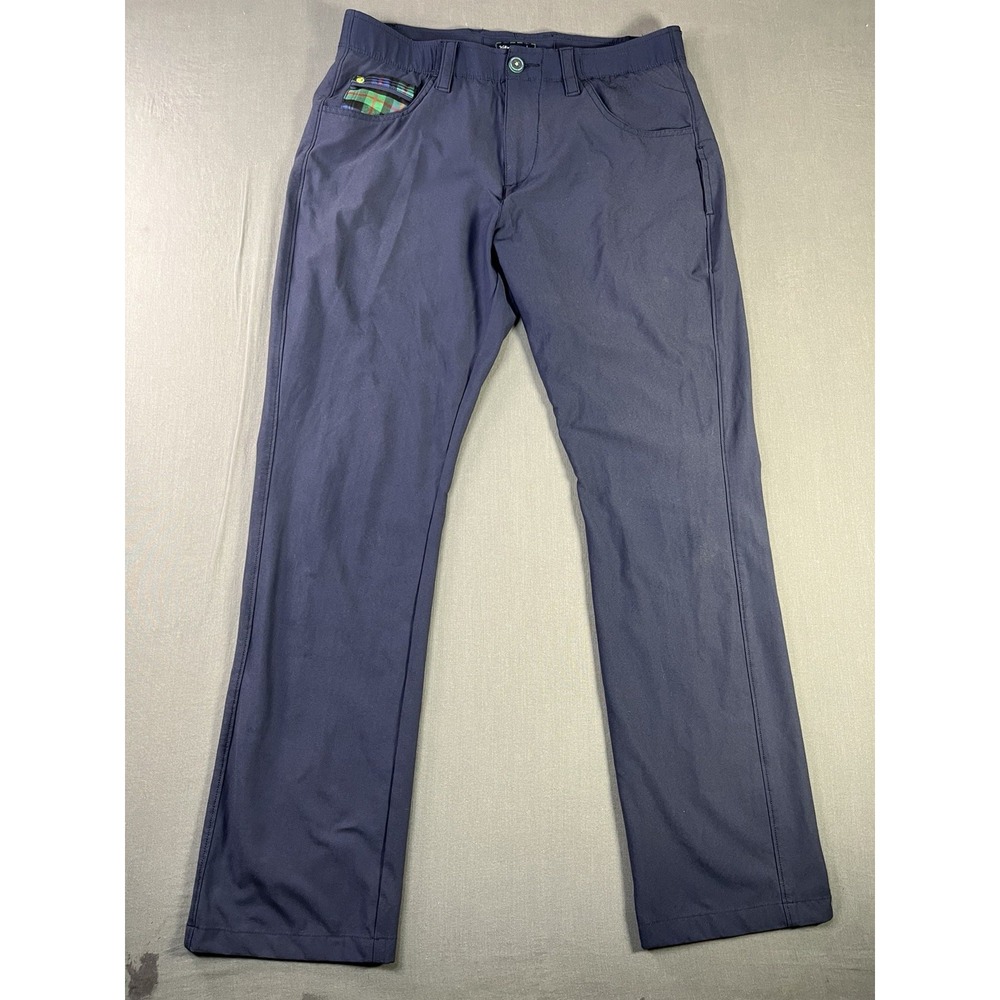 William Murray Straight Fit Golf Pant Men Sz 30 Navy Blue Plaid Trim Performance